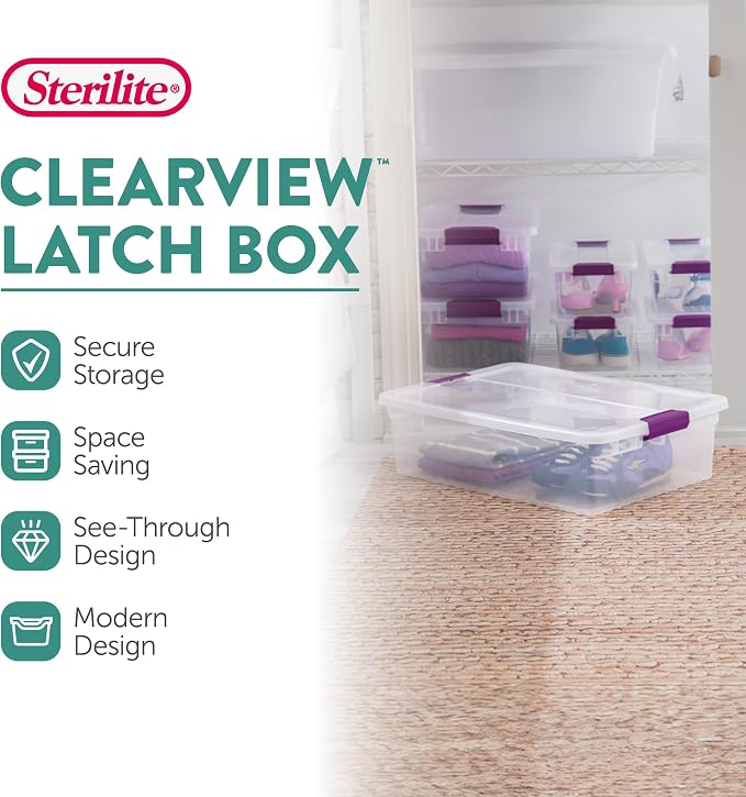 Sterilite 32 Qt ClearView Latch Storage Box, Stackable Bin with Latching Lid, Plastic Container to Organize Clothes Underbed, Clear Base, Lid, (Pack of 6)
