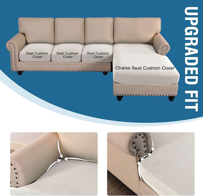 H.VERSAILTEX Sectional Couch Covers 4 Pieces Sofa Seat Cushion Covers L Shape Separate Cushion Couch Chaise Cover for Both Left/Right Sectional Couch (Seat Only: 1 Chaise + 3 Sofa, Ivory)