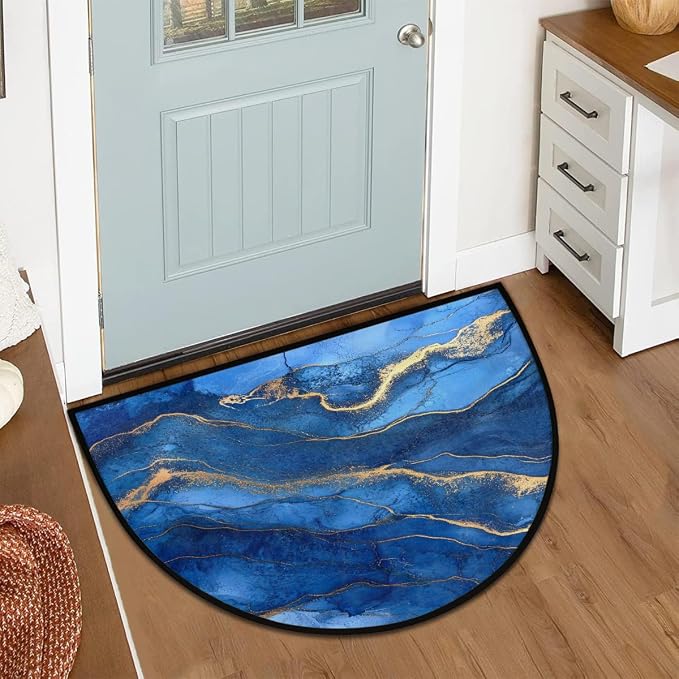 Blue Marble Half Round Door Mat Semi Moon Rug Fireplace Carpet Area Rugs | Blue Marble Non Slip Absorbent Half Circle Mat Carpet for Indoor Outdoor Patio Kitchen Bathroom Entryway Home Decor
