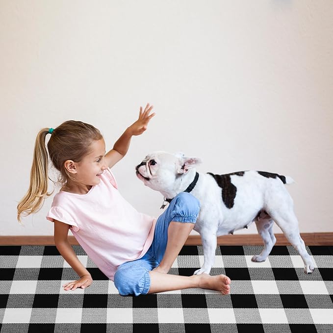 Buffalo Plaid Area Rug, Checkered Rug 27.5x43 Inches, Black and White Rug, Washable Cotton Mat for Front Porch, Entryway, Kitchen, Living Room, Home Decor