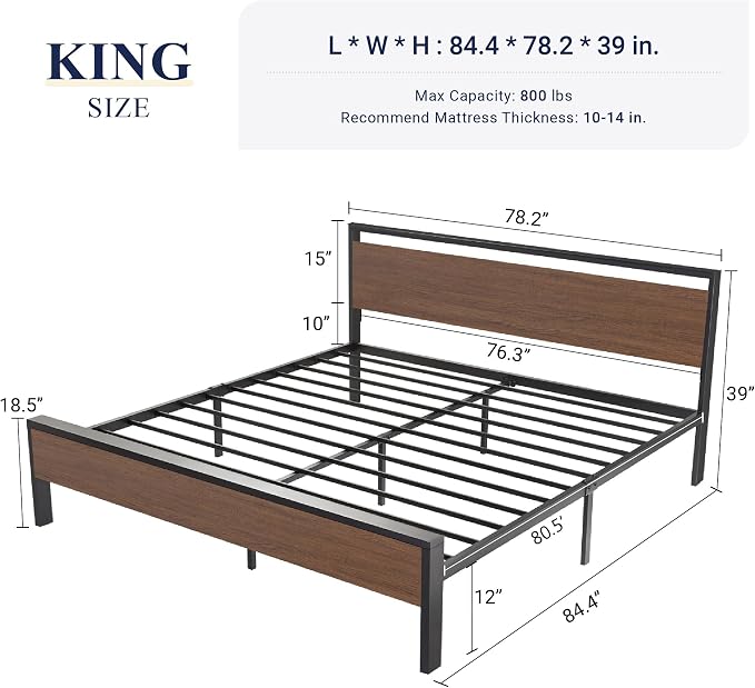 Allewie King Size Bed Frame, Heavy Duty 12 Metal Slats Support, Walnut | Wooden Headboard and Footboard, Modern Platform Bed, No Box Spring Needed, Under-Bed Storage, Noise Free, Easy Assembly