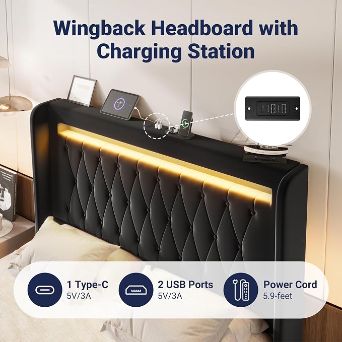 Allewie Full Size Upholstered Bed Frame with LED & Charging Station, Black | Customizable LED lights, charging station, tufted wingback headboard, noise-reducing support, and no box spring needed.