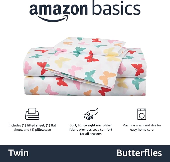 Amazon Basics Kid's Soft Easy-Wash Microfiber 3-Piece Sheet Set, Twin, Multi-Color Butterflies, Butterfly Friends, Printed