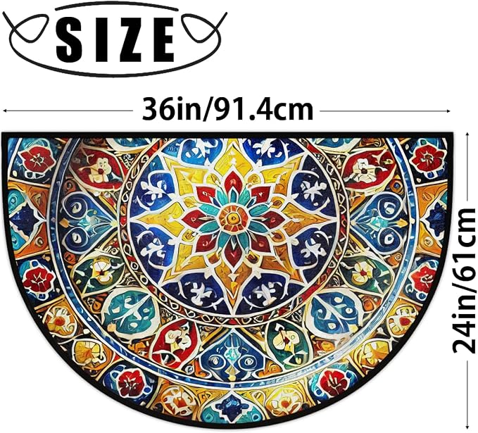 Half Round Doormat Mandala Ethnic Boho Washable Semi Circle Mat Non Slip Absorbent Half Moon Rugs for Indoor Outdoor Entrance Kitchen Bathroom Bedroom Patio Fireplace Floor Carpet Decor