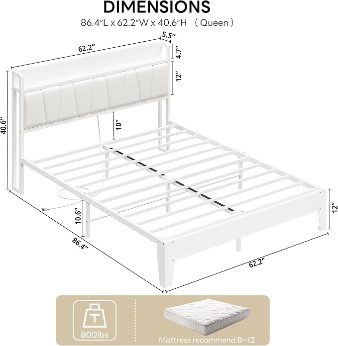 LIKIMIO Queen Bed Frames, PU Leather Storage Headboard with Charging Station, Solid and Stable, Noise Free, No Box Spring Needed, Easy Assembly, White