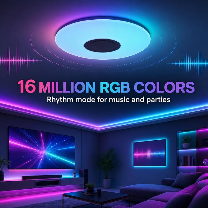 Premium Ceiling Lights with Bluetooth Speaker 19.7-inch 36W, Dimmable 95-265V Modern Smart Home Party Light, Brightness and Music via Phone APP (Remote Includes)