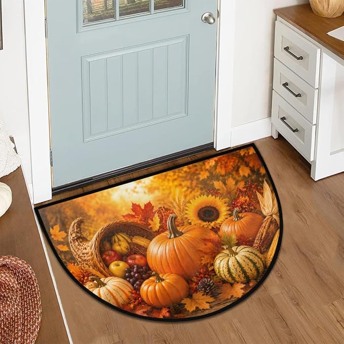 cfpolar Autumn Half Round Door Mat Outdoor Doormat Bedroom Entrance Rug A23 | Autumn Fall Pumpkin Semi Moon Door Mat Non-Slip Absorbent Kitchen Rug Indoor Welcome Bath Mat 36" X 24"