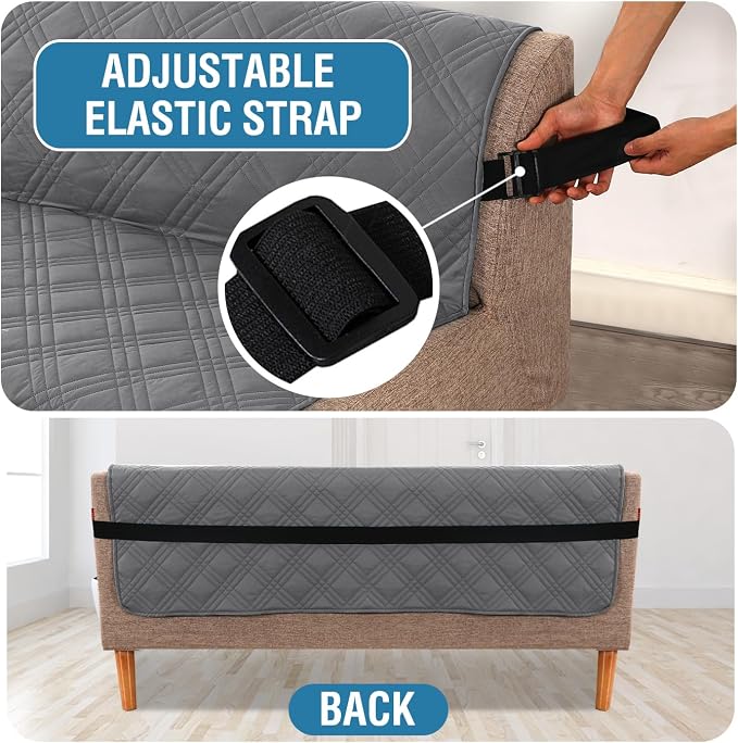 H.VERSAILTEX 100% Waterproof Futon Cover Reversible Futon Slipcover Armless Sofa Slipcover Furniture Protector Seat Width Up to 70" Washable with Adjustable Elastic Strap Anti-Slip, Grey/Beige