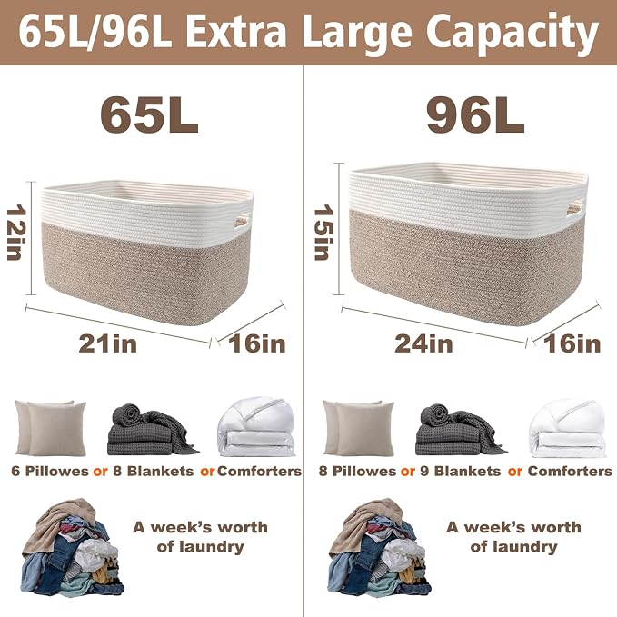 JMvicyroam 65L Large Woven Cotton Rope Blanket Basket, White&Oatmeal | Blanket storage for living room or bedroom use, Freestanding with reinforced handles, Entire basket is machine washable
