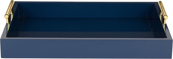 Kate and Laurel Lipton Decorative Tray with Polished Metal Handles, Navy Blue and Gold