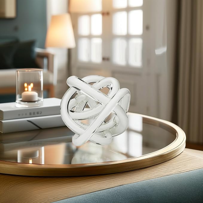 Torre & Tagus Orbit Hand Blown Glass Infinity Knot Sculpture - 4.5 Inch Glass Art White Knot Decor Ball for Home Decor, Small Centerpiece Table Decoration for Home Interior (Solid White)