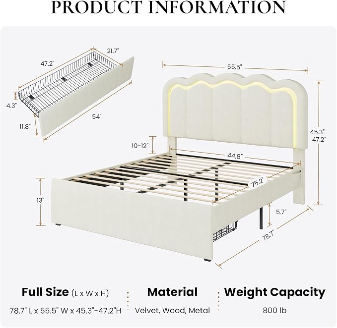 SHA CERLIN Full Size Bed Frame with LED Lights and Storage Drawer, Cream | Upholstered Velvet Platform Bed with Adjuatable Wavy Headboard, Noise-Free, Easy Assembly,No Box Spring Needed