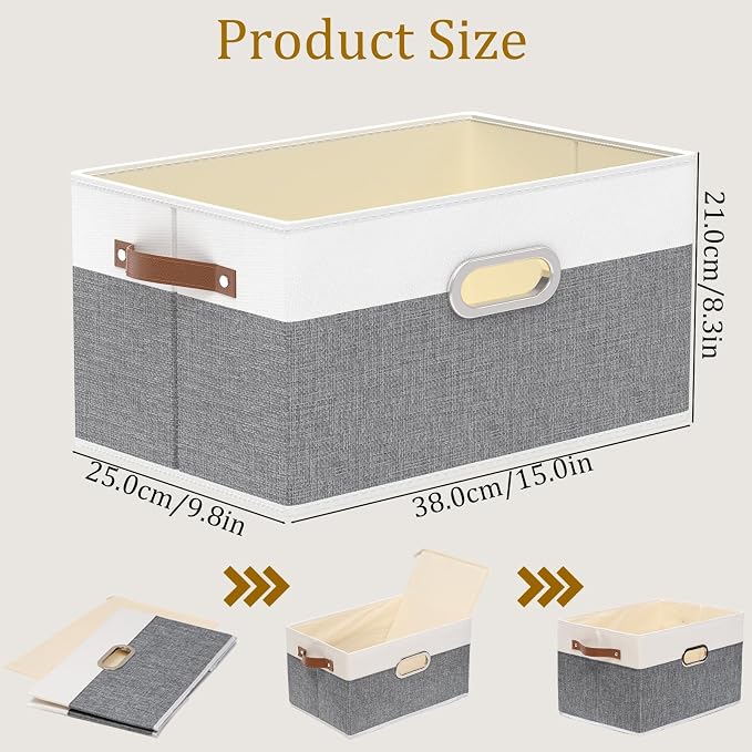 Yawinhe Collapsible Fabric Storage Bins,15.0x9.8x8.3in,White/Grey,6-Pack | Foldable Storage Baskets for Shelves, Closet Boxes for Organization, Washable Closet Organizer for Towels, Canvas Bins