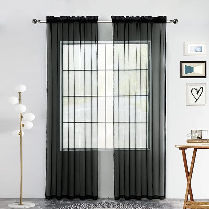 youleyar Solid Sheer Rod Pocket Curtain Voile Draperies 2 Panels White Beige Black Grey Coffee 52 Inch Width 45 Inch Long 1 Pair for Kitchen Bedroom Children Living Room Yard(Black,52Wｘ45L)