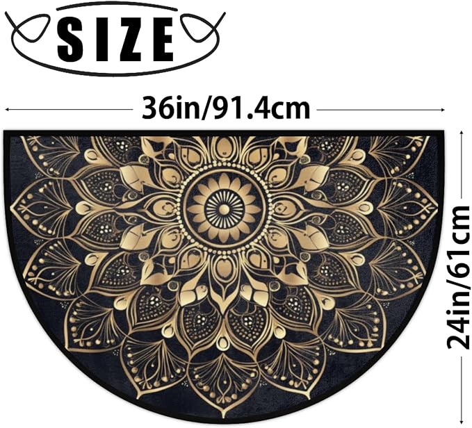 Half Round Doormat Mandala Ethnic Florals Non Slip Half Circle Area Rugs Indoor Washable Half Moon Rug Semi Circle Bathroom Runner Mat Entrance Floor Carpet for Kithen Bedroom Fireplace Decor