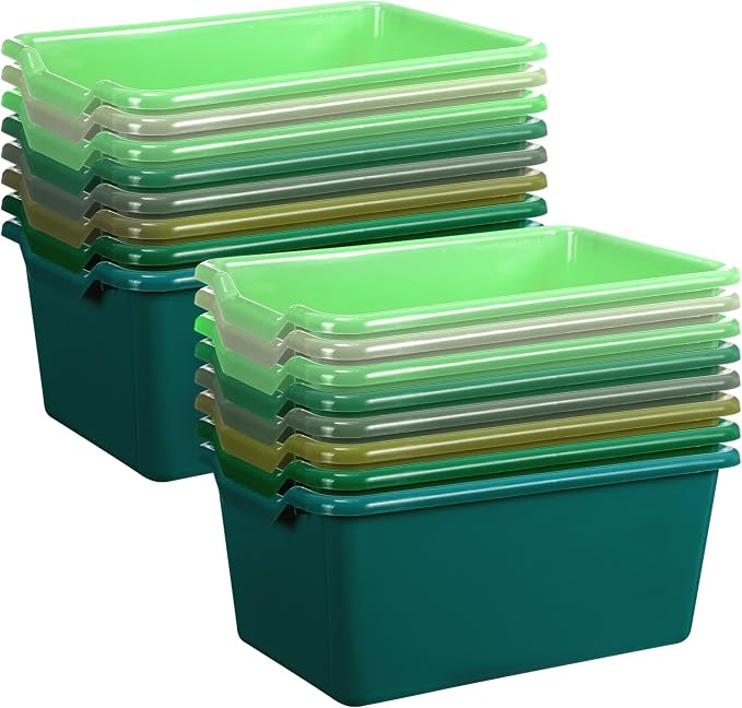 Dandat 32 Pcs Plastic Book Bins for Classroom Library Cubby Bins Scoop Front Stackable Toy Storage Tubs Containers for School Office Home Nursery Playroom Organization (Green Series)