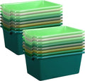 Dandat 32 Pcs Plastic Book Bins for Classroom Library Cubby Bins Scoop Front Stackable Toy Storage Tubs Containers for School Office Home Nursery Playroom Organization (Green Series)