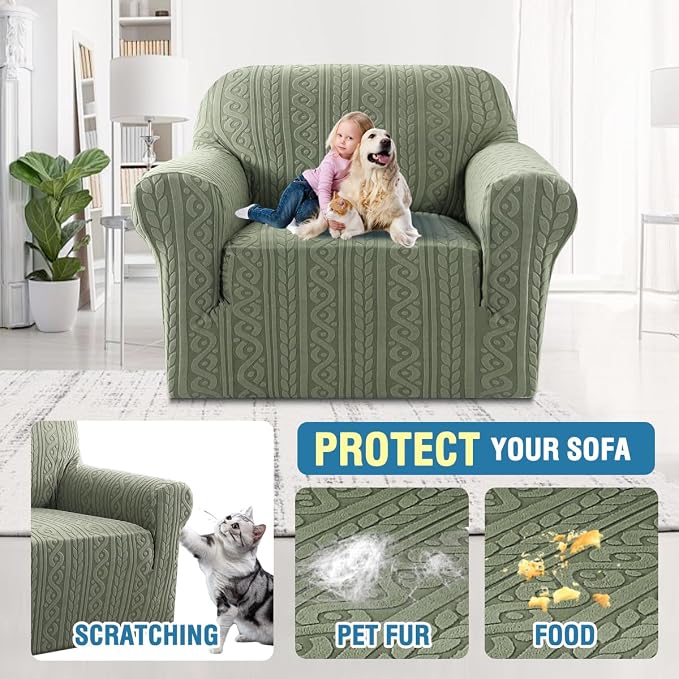 H.VERSAILTEX Armchair Cover 1 Piece Stretch Sofa Covers Anti-Slip Cover for Sofa Soft Dogs Slipcovers Washable Upgrade Thick Jacquard Fabric with Spiral Pattern(30"-40", Sea Grass)