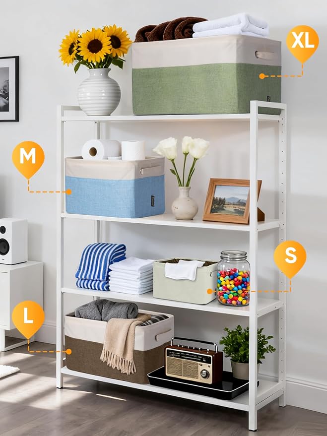 BALEINE 3 Pack Fabric Closet Storage Bins for Shelves, Linen Closet Organizers and Storage, Decorative Baskets for Organizing, Shelf, Clothes, Home, Office (White, 12"x8"x8")