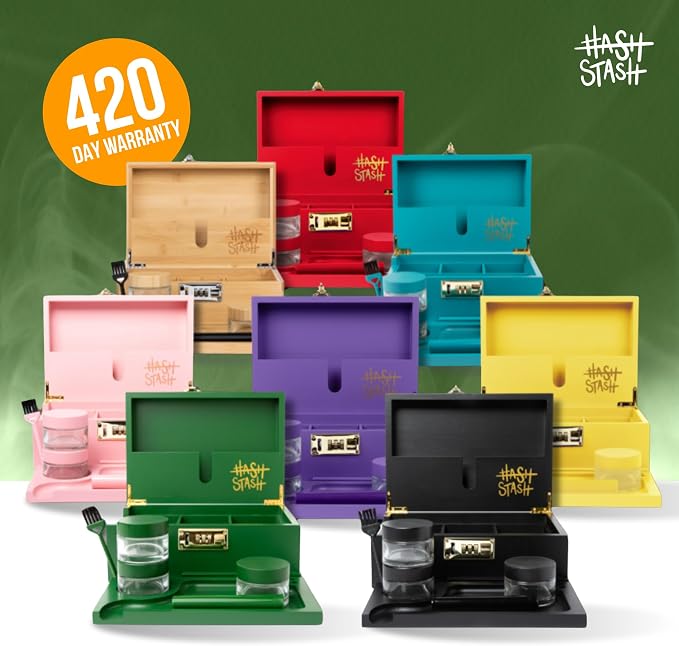 The OG Stash Storage Box - Large Bamboo Box with Combination Lock, Magnetic Lid, Organizer Tray, 3 Jars and Brush - Portable Decorative Wooden Lock Kit with Accessories (Green/Gold)