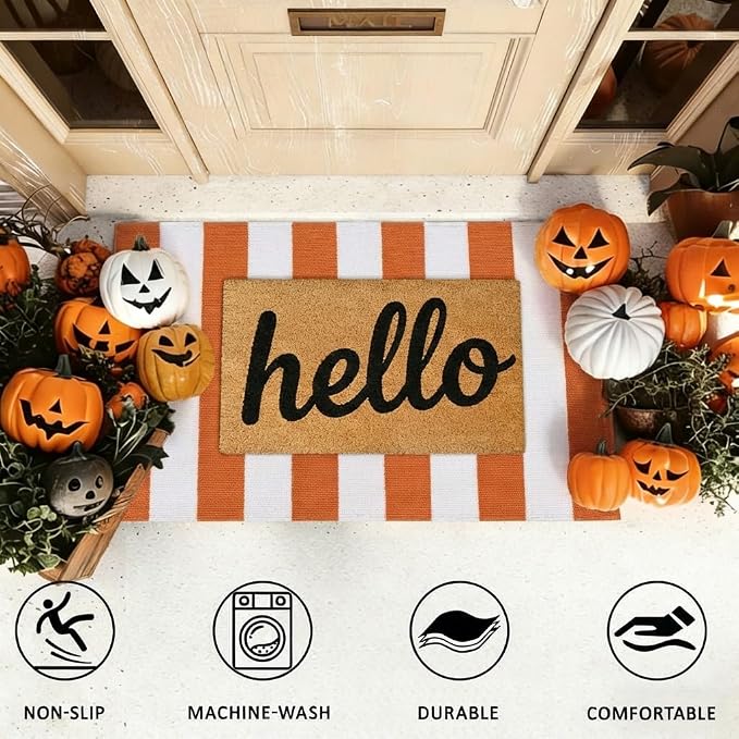 Striped Outdoor Rug 27.5x43 Orange and White Front Door Mat, Halloween Layering Rug for Porch, Washable Doormat, Cotton Area Rug for Outdoor Entrance Entryway Patio Porch Decor