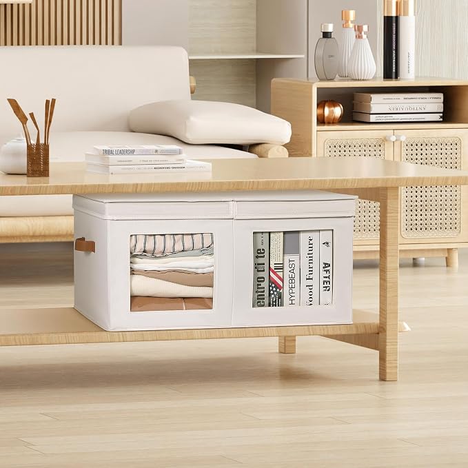 Univivi Large Storage Boxes with Lids, Collapsible Foldable Storage Bins for Clothes, [2-Pack] Fabric Storage Cubes with Handles, Closet Organizers for Home, Bedroom (Beige, 24” x 17” x 12") | 24 x 17 x 12 In Foldable Storage Boxes with Handles, Clear ...