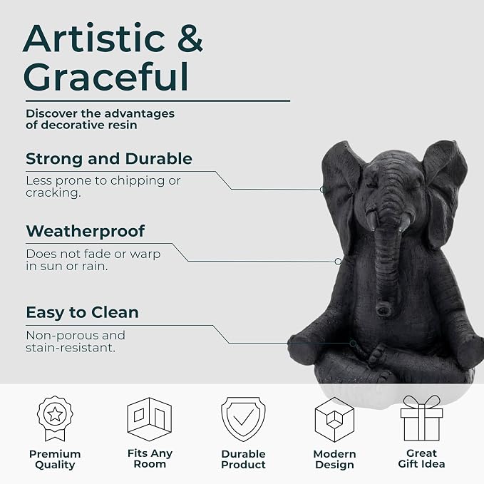 Resin Yoga Elephant Sculptural for Home or Bathroom Decor - Figurine for Shelf, Coffee Table, or Living Room - Ornaments Accent for Office Desk or Entryway - Set of 3, 9", 8", 8", Black