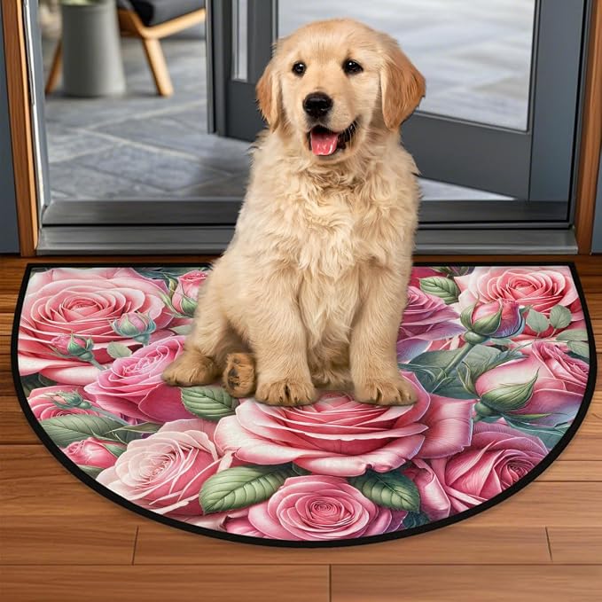 Pink Rose Flower Half Round Door Mat Non-Slip Semi Circle Rug Washable Half Moon Floor Rug Absorbent Bathroom Area Rugs for Outdoor Indoor Fireplace Mat Entryway Kitchen Decor Rugs