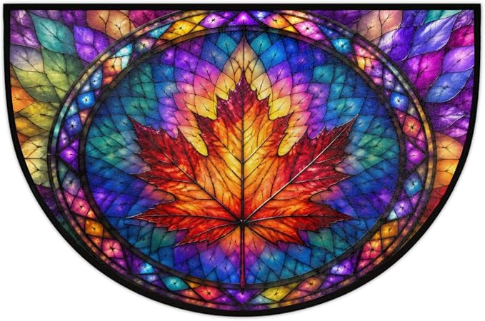 Autumn Half Round Door Mat Welcome Entrance Mat Bath Bathroom Rug A3 | Autumn Maple Leaf Glass Painting Welcome Entrance Mat Anti-Slip Half Moon Bath Mat Semi Circle Rug Indoor Outdoor Kitchen Rug