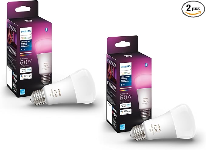 Philips Hue Smart 60W A19 LED Bulb - White and Color Ambiance Color-Changing Light - 2 Pack - 800LM - E26 - Indoor - Control with Hue App - Compatible with Alexa, Google Assistant and Apple Homekit
