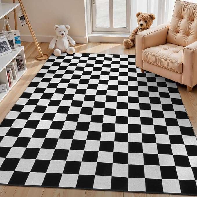 Seavish Checkered Area Rug, 5x6.5 Ft Black and White Outdoor Area Rug | Farmhouse Checkerboard Washable Rugs, Low Pile Cotton Woven Rugs for Living Room Bedroom Dining Room Entryway Office Dorm
