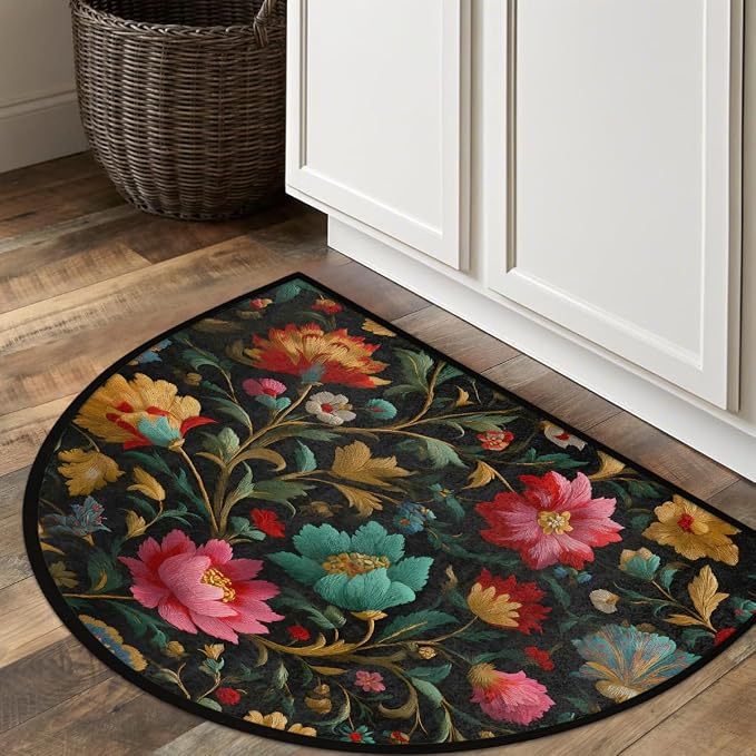 Flower Half Round Door Mat Semi Circle Rug Half Moon Doormat | Soft Washable Colorful Vintage Welcome Entrance Mat for Outdoor Indoor Floor Bedroom Bathroom Home Kitchen Festival Decor