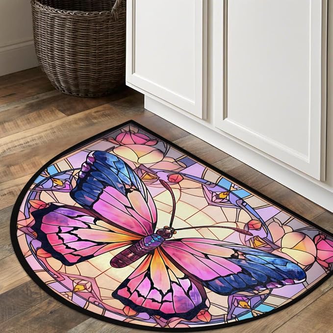 Flower Half Round Door Mat Non-Slip Semi Circle Rug Half Moon Doormat | Color Butterfly Soft Washable Welcome Entrance Mat for Outdoor Indoor Floor Bedroom Bathroom Home Kitchen Festival Decor
