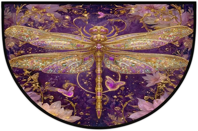 Dragonfly Half Round Door Mat Outdoor Doormat Bedroom Entrance Rug A19 | Bohemian Dragonfly Flower Semi Moon Door Mat Non-Slip Absorbent Kitchen Rug Indoor Welcome Bath Mat 36" X 24"