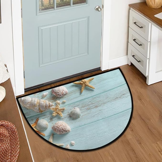 Starfish Wood Half Round Door Mat Welcome Entrance Mat Bath Bathroom Rug | Starfish Wood Welcome Entrance Mat Anti-Slip Half Moon Bath Mat Semi Circle Rug Indoor Outdoor Kitchen Rug