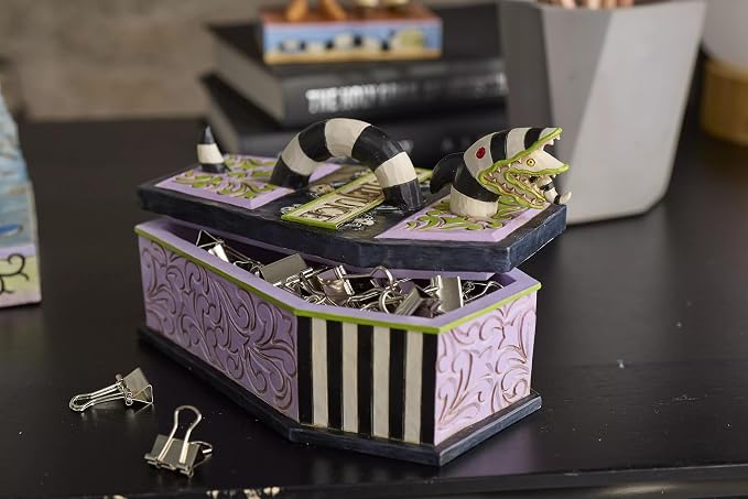 Enesco Beetlejuice by Jim Shore Coffin The Ghost with The Most Trinket Box- Resin Hand Painted Crafted Collectible Beetlejuice Sand Worm Striped Jewelry Box Halloween Home Decor Statue, 3.15 Inch
