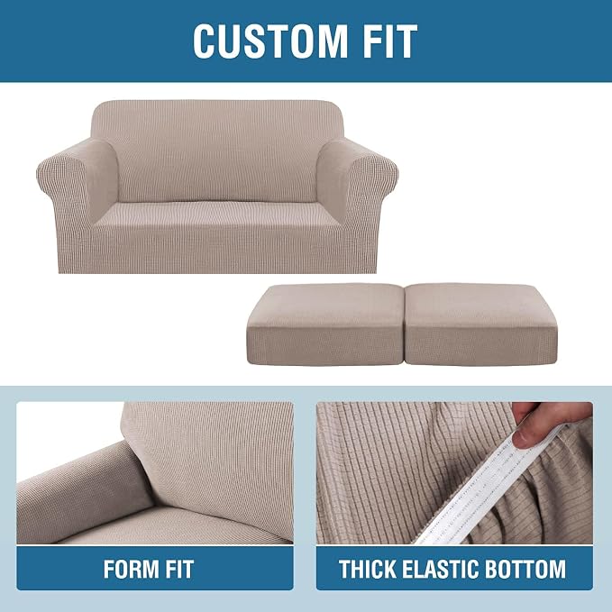 H.VERSAILTEX 3 Piece Stretch Sofa Covers for 2 Cushion Sofa Couch Covers for Living Room Furniture Cover (Base Cover Plus 2 Seat Cushion Covers) Thicker Jacquard Fabric(Large Sofa, Sand)