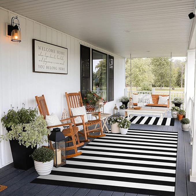 Collive Black and White Striped Rug 5' 7" x 7' 7" Washable Large Patio Rug Cotton Hand Woven Indoor Outdoor Rug Farmhouse Rug Floor Carpet for Porch Decor Backyard Dining Room Entryway