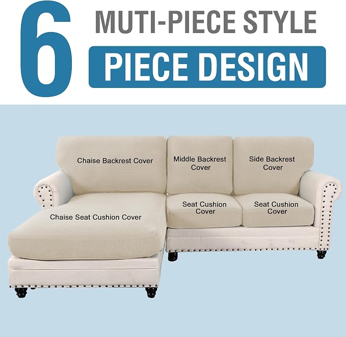 H.VERSAILTEX Sectional Couch Covers 6 Pieces Stretch Sofa Cover for Sectional Sofa Set Separate L Shaped Couch Cover for Both Left/Right Couch (Seat and Back: 1 Chaise + 2 Sofa, Island Fossi)
