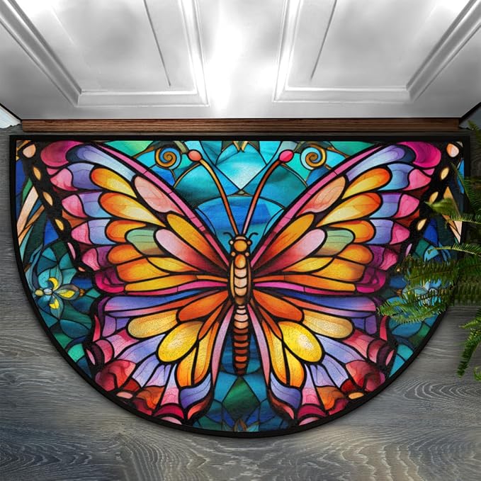 Half Round Door Mat Glass Butterfly Morocco Intdoor Entrance 36x24 In, Non-Slip Welcome Mat for Outdoor Semi Circle Bathroom Floor Rugs,House Entry Way Heavy Duty Doormat for Kitchen Living Room