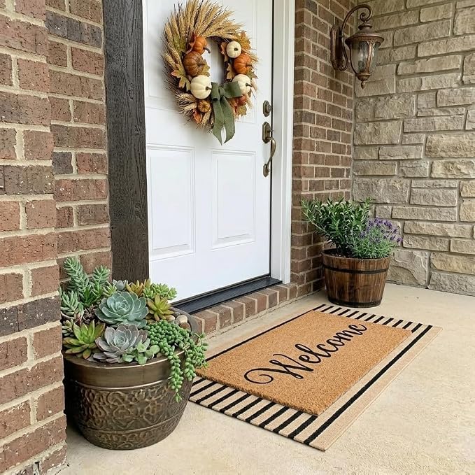 LEEVAN Outdoor Door Mat 2'x3' Washable Welcome Mat Woven Black and White Entryway Rug Farmhouse Front Porch Decor Outside Entrance Striped Outdoor Floor Mats