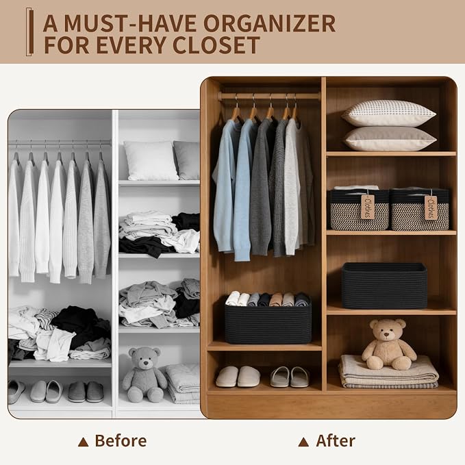 Goodpick 4 Pack Wicker Storage Baskets for Shelves, Black & Jute | 13" x 8" x 6", Rectangle Design, Decorative Gift, Baby Toys, Books, Magazines Storage, Nursery & Home Organization
