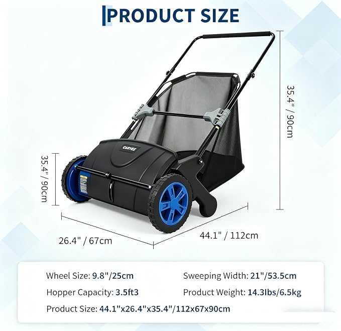 21-Inch Push Lawn Sweeper, Manual Leaf Sweeper with 3.5 Cu. ft. Mesh Bag, 2 Spinning Brushes & 10" Rubber Wheels, Walk-Behind Grass Collector for Lawn Yard Debris