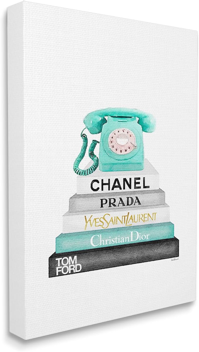 Stupell Industries 'Grey Teal and Black Fashion Bookstack with Teal Phone', Canvas Art, 30 x 40 Inches, Easy to Hang and Sturdy, Made in USA, by Amanda Greenwood
