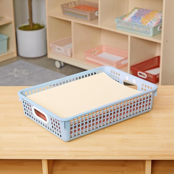 Really Good Stuff Small Desktop Paper Storage Baskets, 14" x 10" x 3.25" | 6-Pack, Boho Group Colors, Mesh Baskets for Classroom or Home, Secure Papers Crease-Free