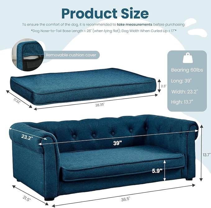 Dog Sofa Couch for Medium Dogs, 39" Memory Foam Dog Couch with Washable Fabric, Removable Cushion, Sofa Bed for Medium Dogs, Blue