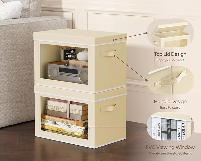 Homsorout Collapsible & Stackable Fabric Storage Bins with Front Window, 6 Pack for Closet, Bedroom, Nursery, Home & Office, Beige, 14.9 x 9.8 x 9.8 Inches