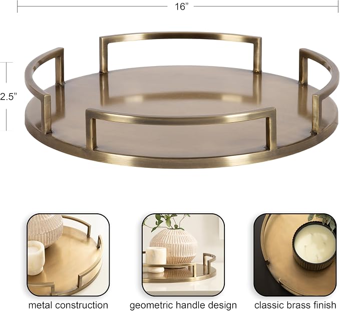 Kate and Laurel Gohana Round Tray with Metal Handles; 16 Inch Diameter; Antique Brass; Modern Glam Serving Tray with Handles for Use as Ottoman Topper or Living Room Decor