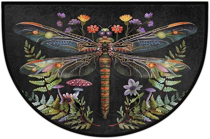 Dragonfly Half Round Doormat Non-Slip Semi Circle Rug Half Moon Mat | Flower Black Leaves Washable Soft Absorbent Indoor Outdoor Entrance Kitchen Bathroom Sink Patio Welcome Fireplace Floor Rug
