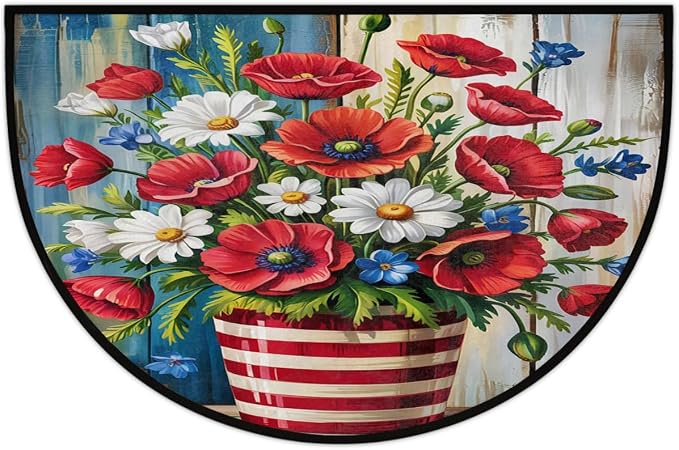 Spring Flower Wood Half Round Door Mat Non-Slip Semi Circle Rug Washable Half Moon Floor Rug Absorbent Bathroom Area Rugs for Outdoor Indoor Fireplace Mat Entryway Kitchen Decor Rugs